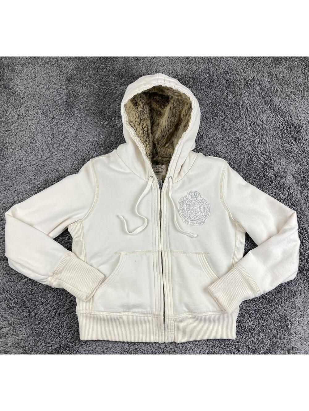 Vintage Polo Jeans Ralph Lauren Hoodie Jacket Women’s Cream Faux Fur Lined Sz L